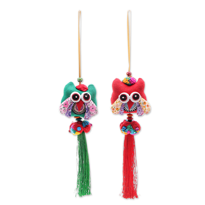 Cotton-blend ornaments, 'Festive Owl in Red-Green' (pair) - Handmade Cotton-Blend Ornaments with Owl Motif (Pair)