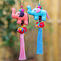 Cotton-blend ornaments, 'Festive Tusk in Pink-Blue' (pair) - Handmade Cotton-Blend Elephant Ornaments (Pair)