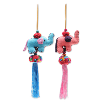 Cotton-blend ornaments, 'Festive Tusk in Pink-Blue' (pair) - Handmade Cotton-Blend Elephant Ornaments (Pair)
