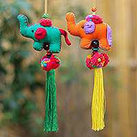 Cotton-blend ornaments, 'Festive Tusk in Green-Orange' (pair) - Thai Cotton-Blend Elephant Ornaments (Pair)