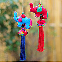 Cotton-blend ornaments, 'Festive Tusk in Red-Blue' (pair) - Hand Crafted Cotton-Blend Elephant Ornaments (Pair)