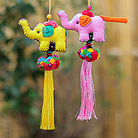Cotton-blend ornaments, 'Festive Tusk in Pink-Yellow' (pair) - Cotton-Blend Elephant Ornaments from Thailand (Pair)