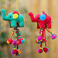 Cotton-blend ornaments, 'Festive Pachyderms' (pair) - Embellished Elephant Ornaments (Pair)