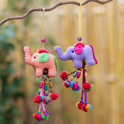 Cotton-blend ornaments, 'Merry Pachyderms' (pair) - Handmade Elephant Christmas Ornaments (Pair)