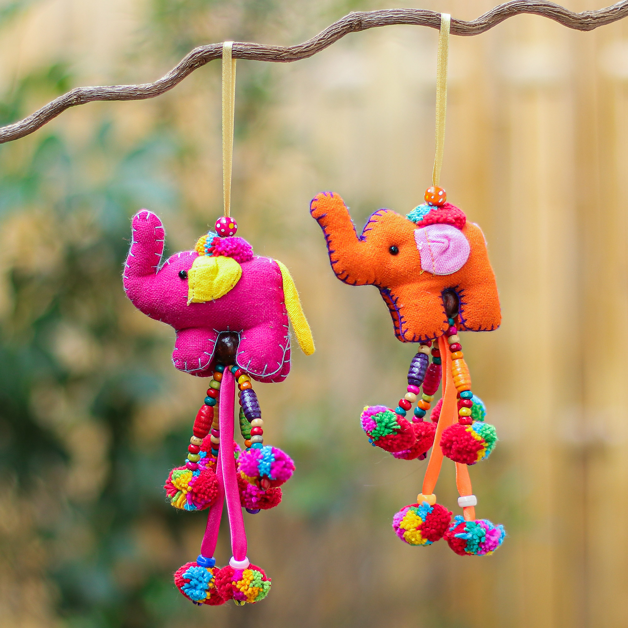 Handcrafted Felt Pom Poms & Animals Garland Hanging W/ Brass Bell