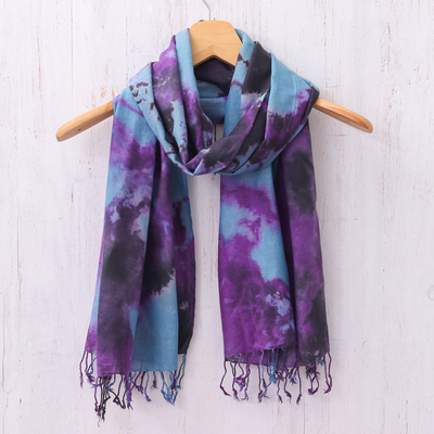 Cotton scarf, 'Amethyst Sky' - Thai Tie-Dyed Blue and Purple Cotton Scarf