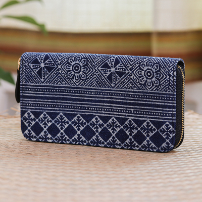 Block print cotton wallet, 'Long Hmong' - Blue Cotton Wallet from Thailand