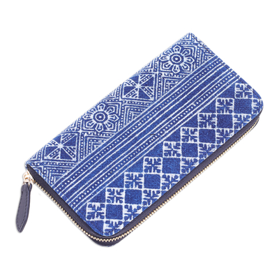 Block print cotton wallet, 'Long Hmong' - Blue Cotton Wallet from Thailand