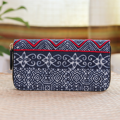 Block print cotton wallet, 'Bright Wave' - Artisan Crafted Long Cotton Wallet