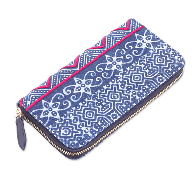 Block print cotton wallet, 'Bright Wave' - Artisan Crafted Long Cotton Wallet