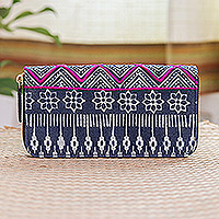 Block print cotton wallet, 'Fuchsia Wave' - Handcrafted Block Print Cotton Wallet from Thailand