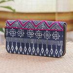 Block print cotton wallet, 'Fuchsia Wave' - Handcrafted Block Print Cotton Wallet from Thailand