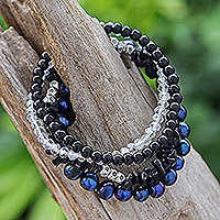 Multi-gemstone beaded stretch bracelets, 'Fancy Dream in Black' (set of 4) - Set of 4 Black Beaded Stretch Bracelets from Thailand