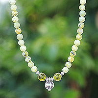 Serpentine and quartz beaded pendant necklace, 'Dewy Morning' - Beaded Serpentine Necklace with 950 Silver