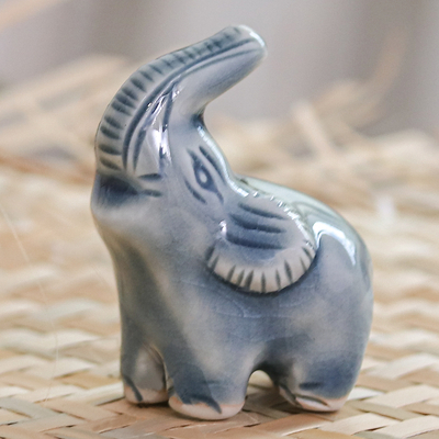 Celadon ceramic figurine, 'Happy Elephant in Blue' - Artisan Crafted Ceramic Figurine