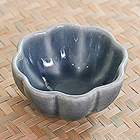 Celadon ceramic pinch bowl, 'Flower Bloom in Blue' - Fluted Small Celadon Ceramic Bowl