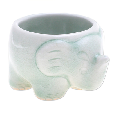Celadon ceramic teacup, 'Lanna Elephant' - Handmade Celadon Teacup in Green