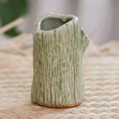 Small celadon ceramic bud vase, 'Faux Bois' - Handcrafted Celadon Bud Vase