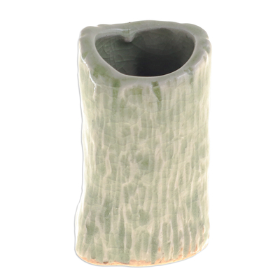 Small celadon ceramic bud vase, 'Faux Bois' - Handcrafted Celadon Bud Vase
