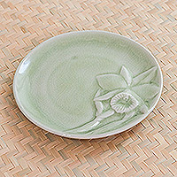 Celadon ceramic dessert plate, 'Lanna Orchid' - Green Floral Celadon Ceramic Dessert Plate
