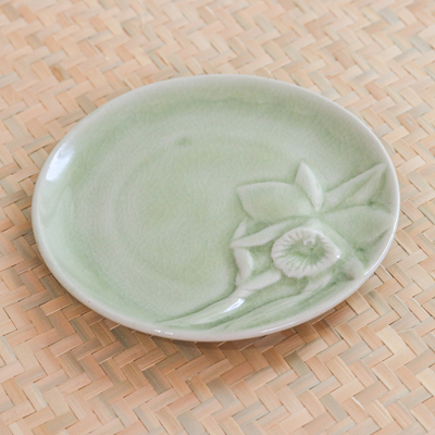 Plato de postre de cerámica celadón - Plato de postre de cerámica verde celadón floral