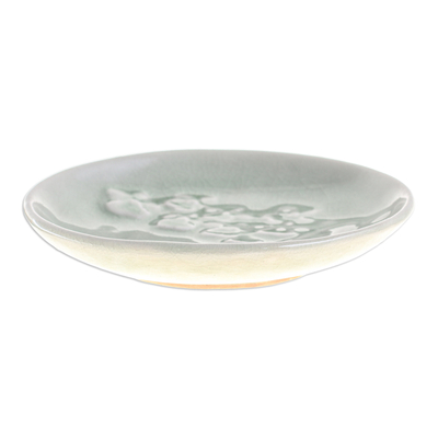 Celadon ceramic dessert plate, 'Orchid Bouquet' - Handcrafted Celadon Dessert Plate