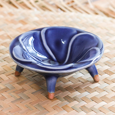Celadon ceramic candy dish, 'Blue Plumeria' - Floral Celadon Candy Dish from Thailand