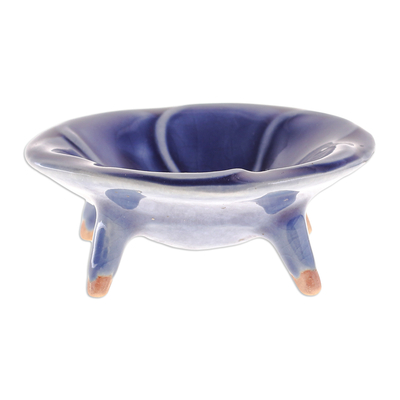 Celadon ceramic candy dish, 'Blue Plumeria' - Floral Celadon Candy Dish from Thailand