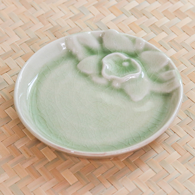Small celadon ceramic plate, 'Orchid Charm' - Floral Motif Small Ceramic Plate