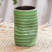 Ceramic cup, 'Green Ripple' - Handcrafted Green Ceramic Cup