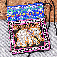 Embellished cotton-blend sling, 'Elephant Glitz' - Multicolored Fabric Sling Bag