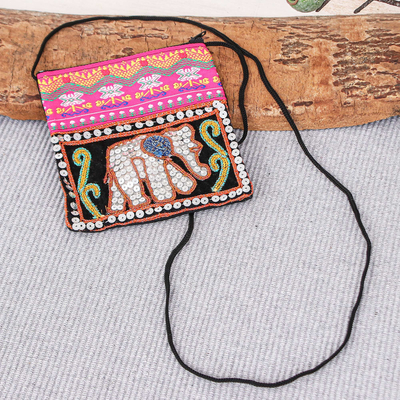 Embellished cotton-blend sling, 'Elephant Glam' - Handcrafted Small Shoulder Bag