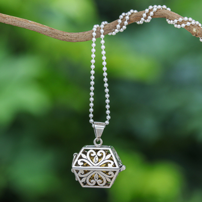 Sterling silver locket necklace, 'Summoning Sound' - Sterling Silver Locket Necklace with Ringing Brass Bell