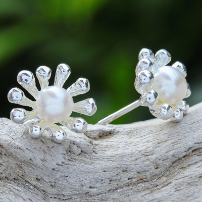 Cultured freshwater pearl button earrings, 'Underwater Flower' - Thai Cultured Pearl and Sterling Silver Button Earrings