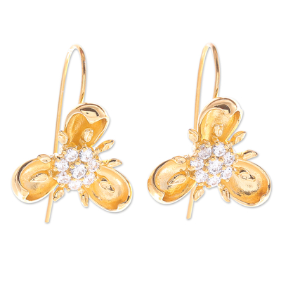 Gold-plated cubic zirconia drop earrings, 'Golden Petals' - Gold-Plated Cubic Zirconia Drop Earrings with Floral Motif