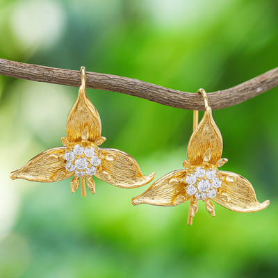 Gold-plated cubic zirconia drop earrings, 'Auspicious Sign' - Hand Made Gold-Plated Cubic Zirconia Drop Earrings
