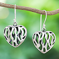 Sterling silver dangle earrings, 'Fiery Heart' - Openwork Sterling Silver Dangle Earrings with Heart Motif