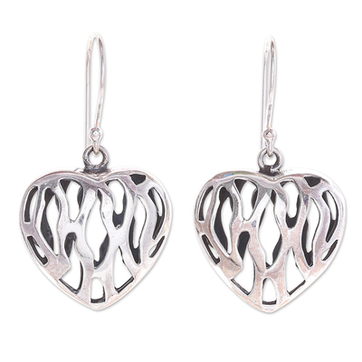 Openwork Sterling Silver Dangle Earrings with Heart Motif