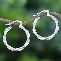 Sterling silver hoop earrings, 'Dancing Silver' - Handcrafted Thai Sterling Silver Hoop Earrings