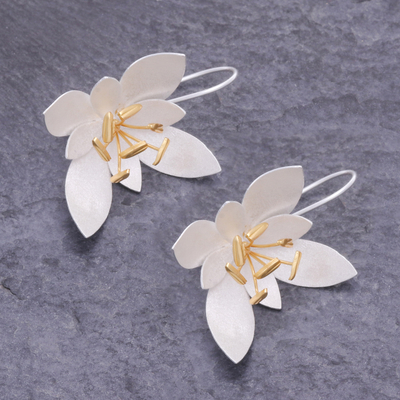 Gold-accented drop earrings, 'Under Starlight' - Handmade Gold-Accented Floral Drop Earrings