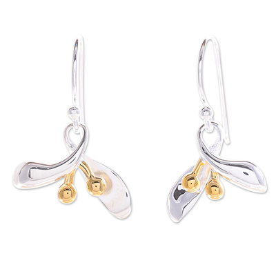 Gold-accented dangle earrings, 'Golden Floral Charm' - Sterling Silver Floral Dangle Earrings with 18k Gold Accents