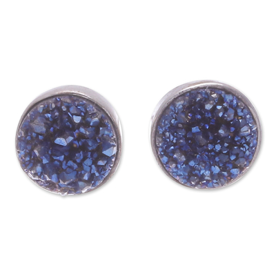 Druzy quartz stud earrings, 'Blue Depth' - Blue Druzy Quartz Stud Earrings Crafted from Sterling Silver