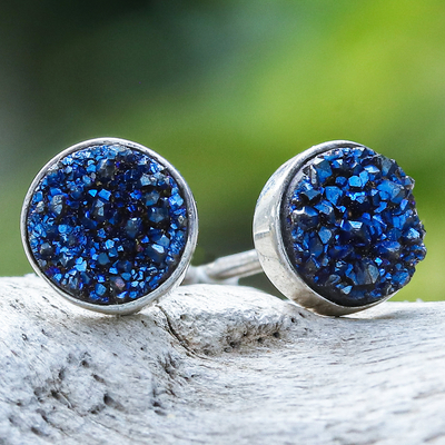 Blue Druzy Quartz Stud Earrings Crafted from Sterling Silver, 'Blue Depth