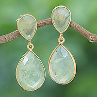 Gold-plated prehnite dangle earrings, 'Golden Drop Dreams'