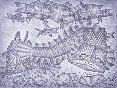 Monochrome Fish Painting in Acrylics on Canvas