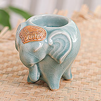 Celadon ceramic tealight holder, 'Bright Elephant in Green' - Handcrafted Thai Ceramic Elephant Tealight Holder in Green