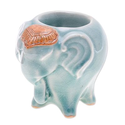 Handcrafted Thai Ceramic Elephant Tealight Holder in Green