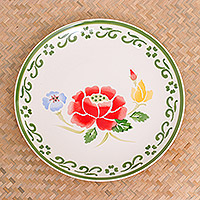 Ceramic dinner plate, 'Poppy Garden in Green' - Handcrafted Ceramic Plate from Thailand