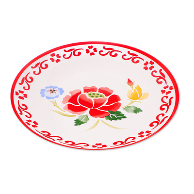 Ceramic dinner plate, 'Poppy Garden in Red' - Food-Safe Floral Ceramic Plate