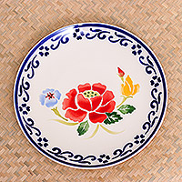 Ceramic dinner plate, 'Poppy Garden in Blue' - Multicolored Handcrafted Ceramic Plate